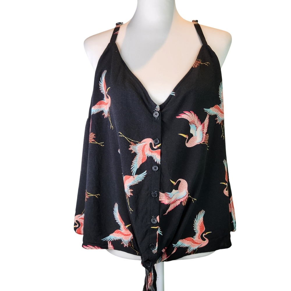 Torrid Crane Print Tank Top Tie Front Black Size 3 Plus Summer Flowy